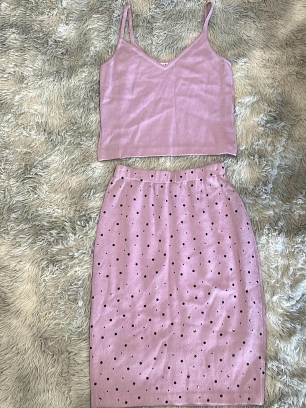 St. John Collection Lilac Knit Top and Polka Dot Skirt Set